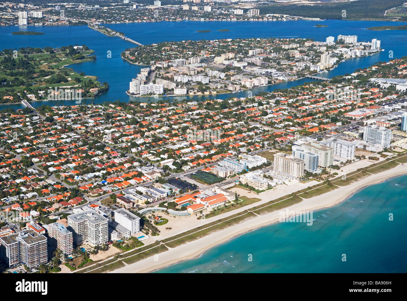 Aerial view of waterfront city Stock Photo