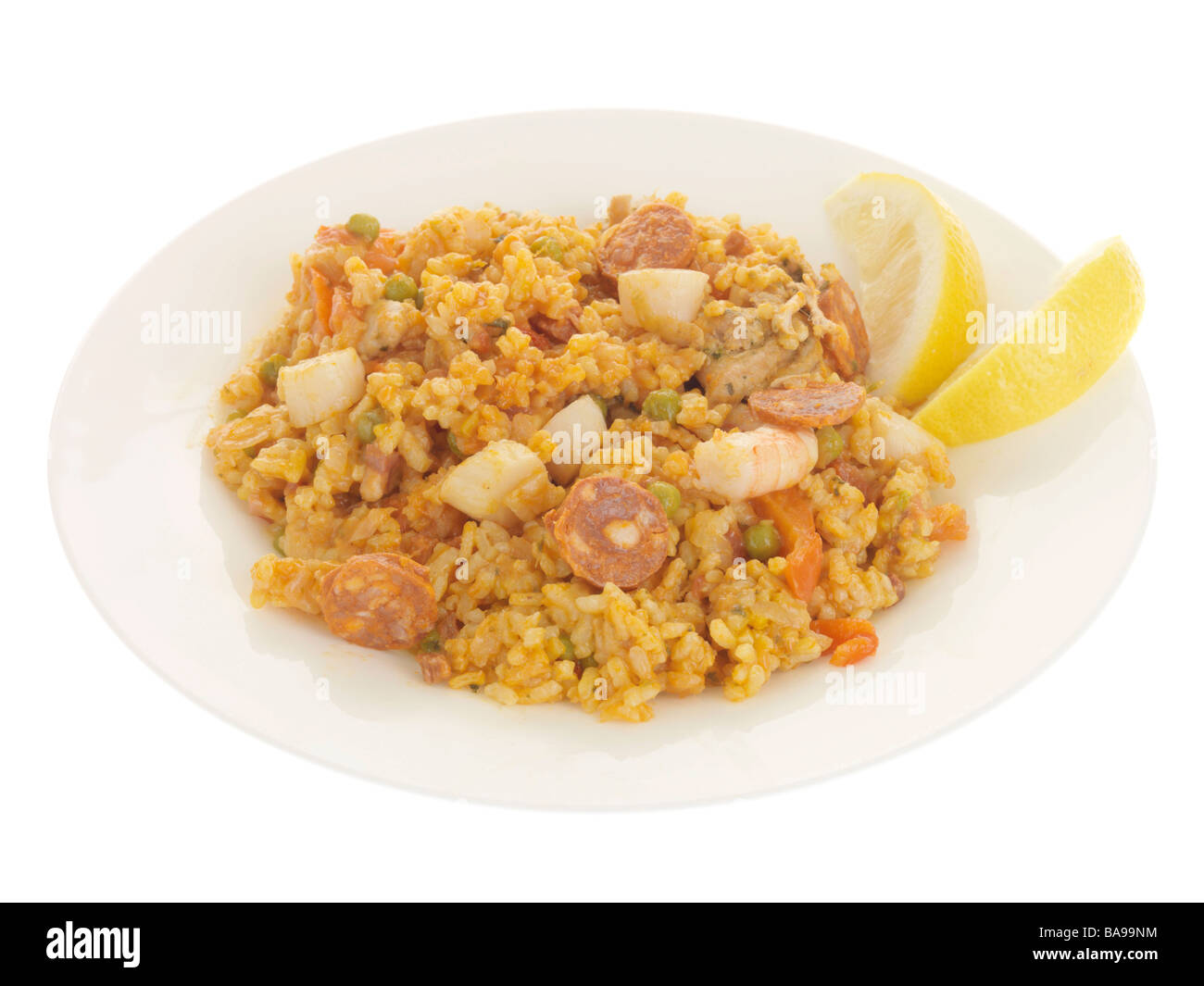 Freshly Prepared Spanish Style Seafood Paella Meal Isolated Against A