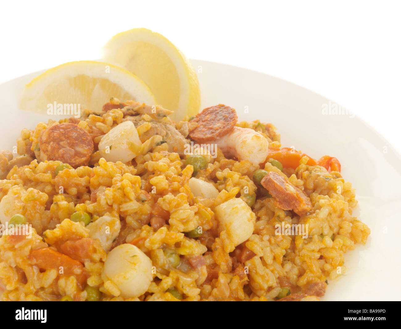 Freshly Prepared Spanish Style Seafood Paella Meal Isolated Against A