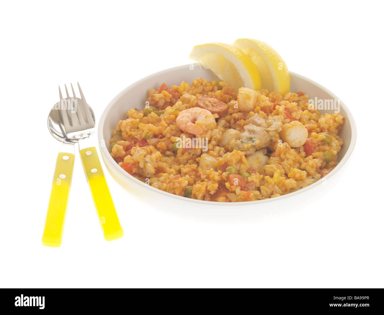 Freshly Prepared Spanish Style Seafood Paella Meal Isolated Against A
