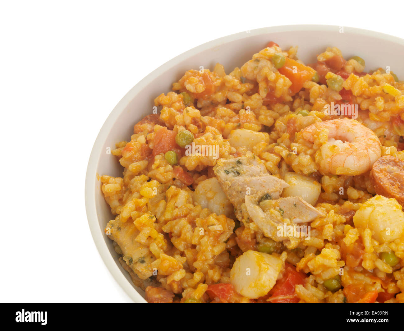Freshly Prepared Spanish Style Seafood Paella Meal Isolated Against A