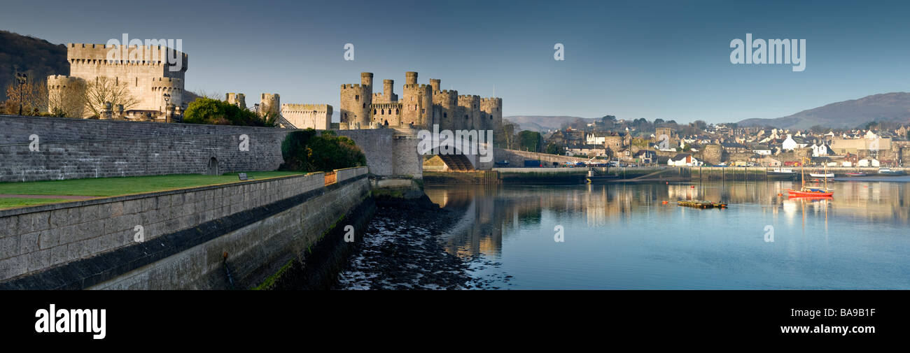 Panoramic Image of Conwy Castle, the Estuary, Town and Harbour, Conwy, North Wales, UK Stock Photo