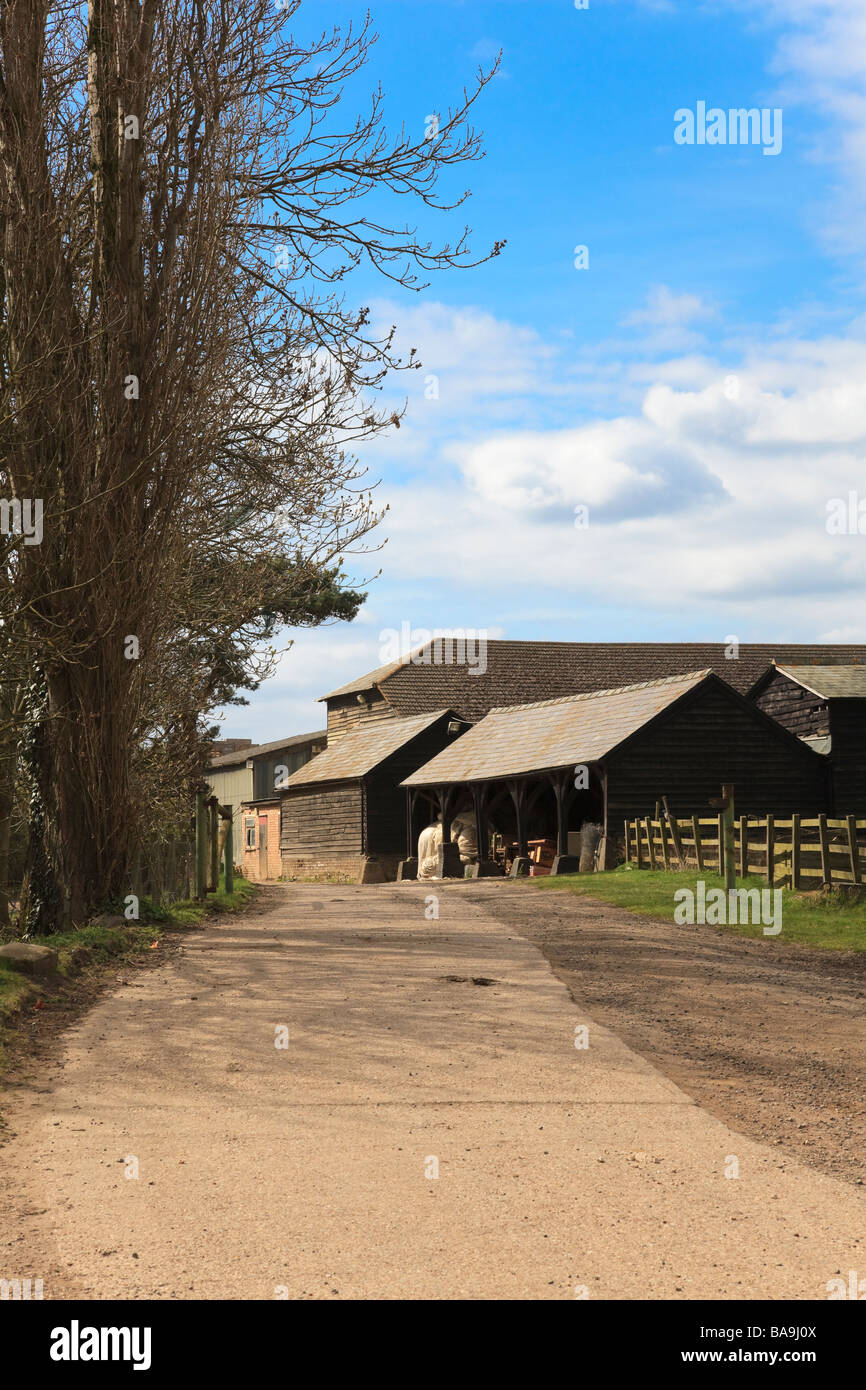 Traditional Farm buildings and horse paddock at Great Barford, Bedfordshire Stock Photo