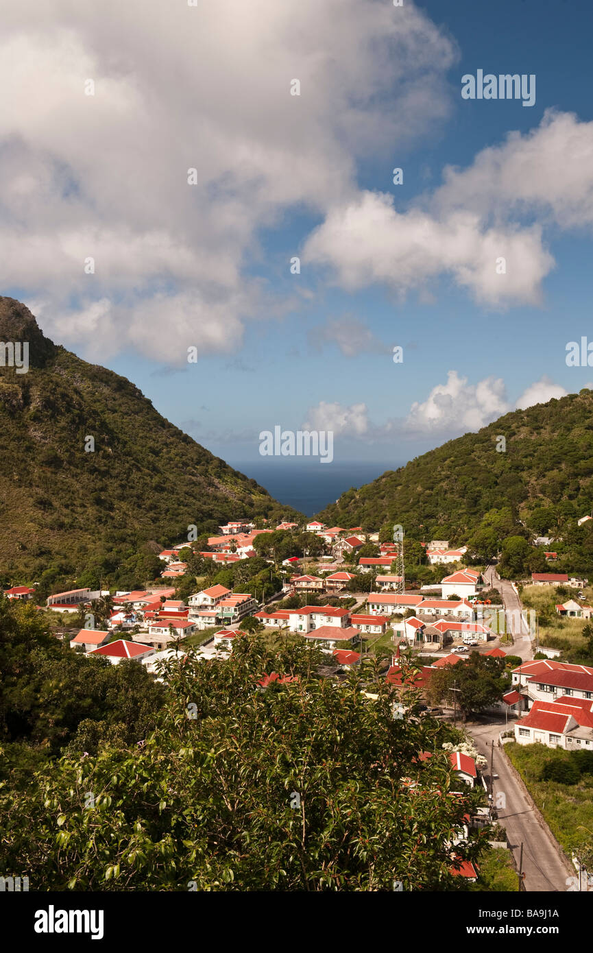 View of the Caribbean town of The Bottom, Saba's capital and administrative centre from the road above Stock Photo