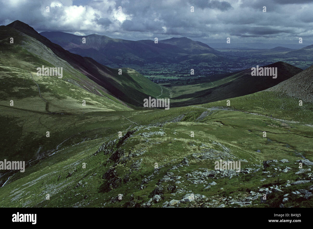 Coledale Hause, looking NE from Grasmoor. Lake District National Park, Cumbria, England, United Kingdom, Europe. Stock Photo