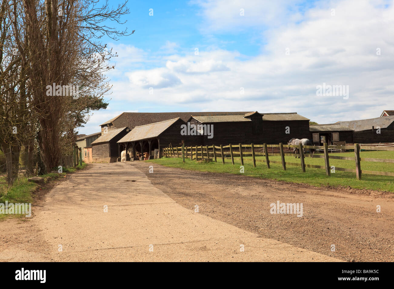 Traditional Farm buildings and horse paddock at Great Barford, Bedfordshire Stock Photo