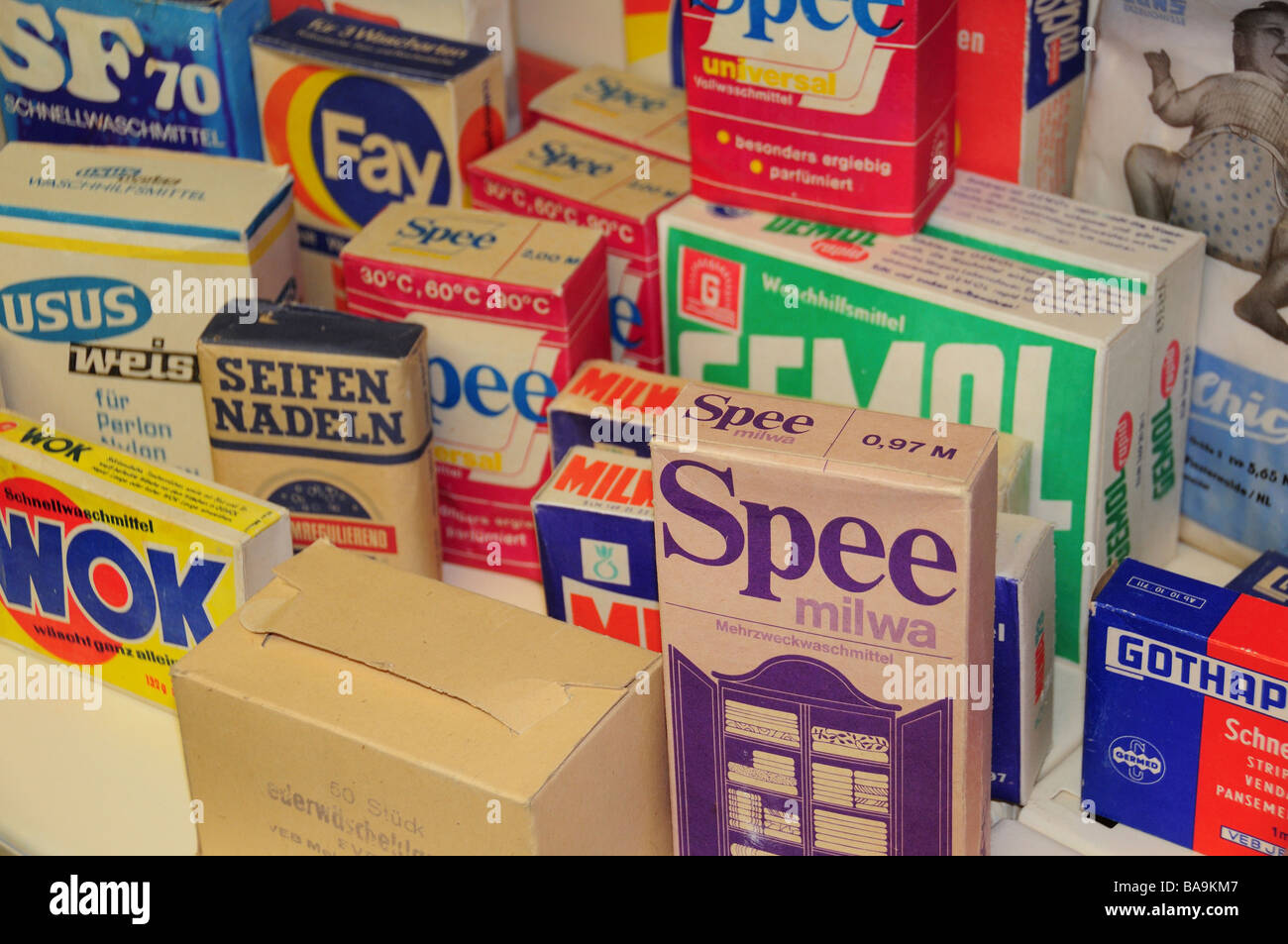 East German communist-era grocery brands in museum, Wittenberg Stock Photo