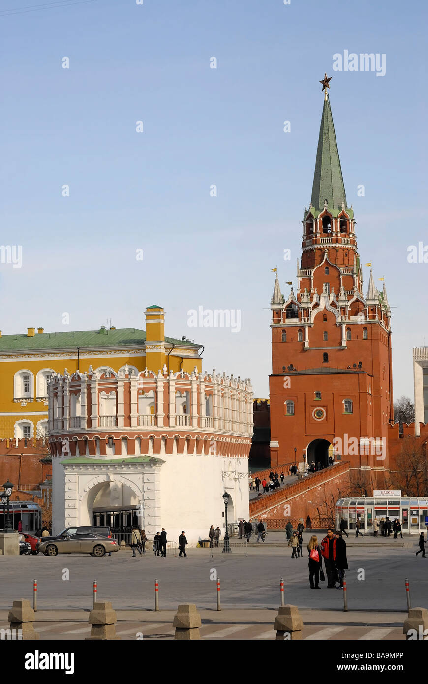 Troitskaya Trinity and Kutafya Moscow Kremlin towers and Kremlin Wall Stock Photo