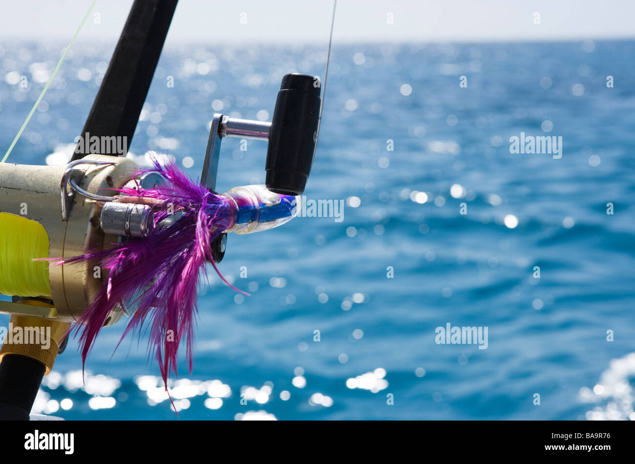 Casting rod on a boat. Stock Photo