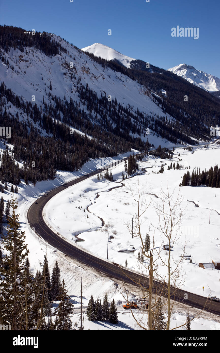 Winter view of The Million Dollar Highway western Colorado between Silverton and Ouray M D H is part of the San Juan Skyway Scen Stock Photo
