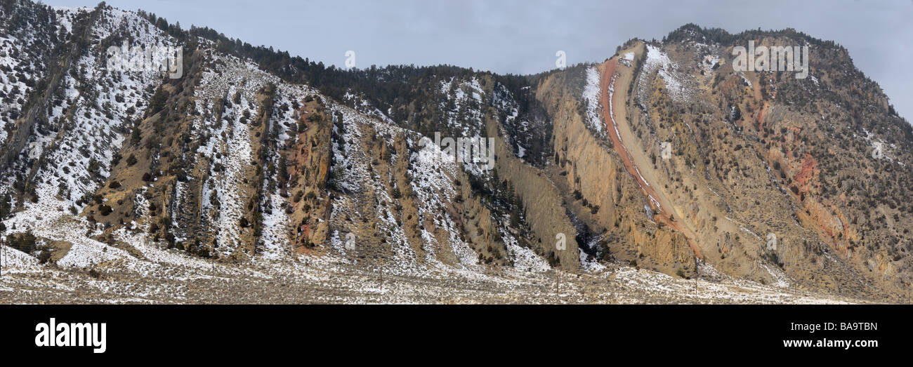 Panorama of vertical rock slabs of sedimentary rock at Devils Slide on Cinnabar Mountain from Old Yellowstone Trail south Montana USA Stock Photo
