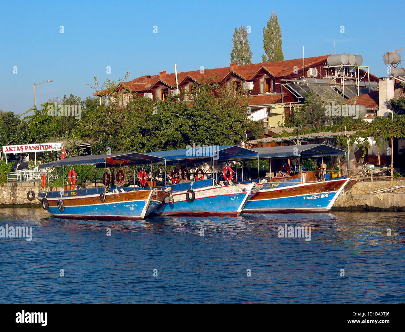 Pleasure Boats at Dalyan waterfront, Daylan, Turkey Stock Photo