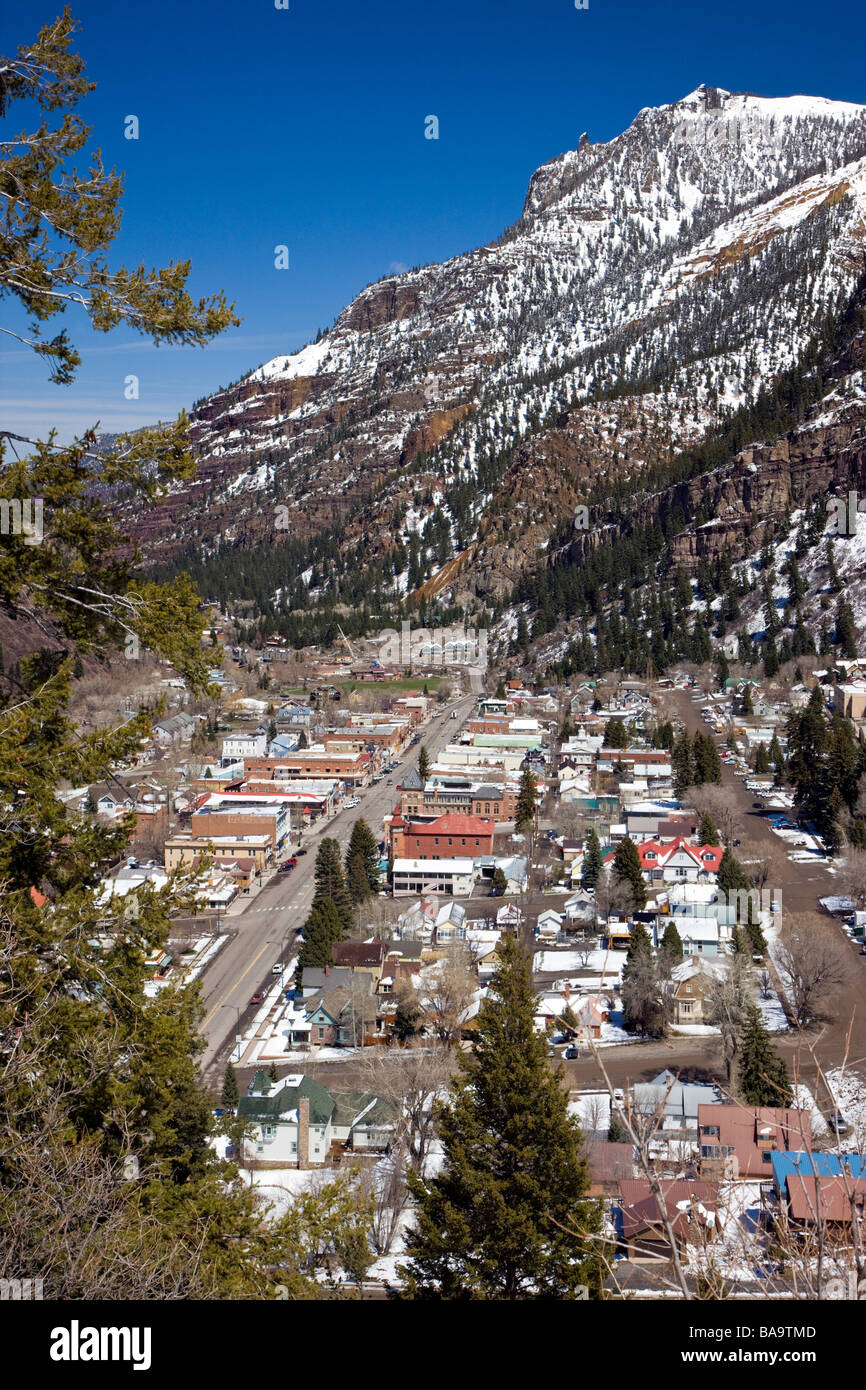 Winter overview of the town of Ouray along The Million Dollar Highway western Colorado M D H is part of the San Juan Skyway SB Stock Photo