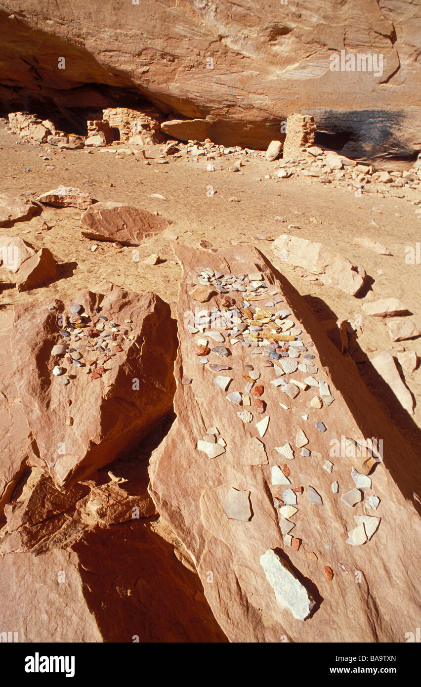 Pottery sherds and granaries at Turkey Pen Ruin Grand Gulch Primitive Area Utah Stock Photo