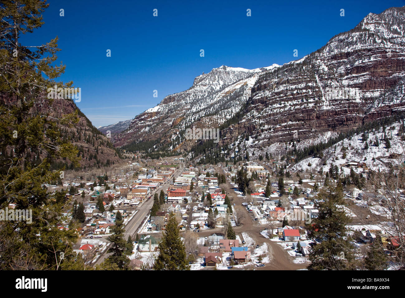 Winter view of the town of Ouray along The Million Dollar Highway western Colorado M D H is part of the San Juan Skyway Byway Stock Photo