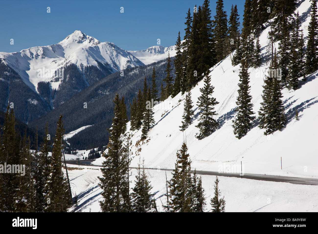 Winter view of The Million Dollar Highway western Colorado between Silverton and Ouray M D H is part of the San Juan Skyway SB Stock Photo