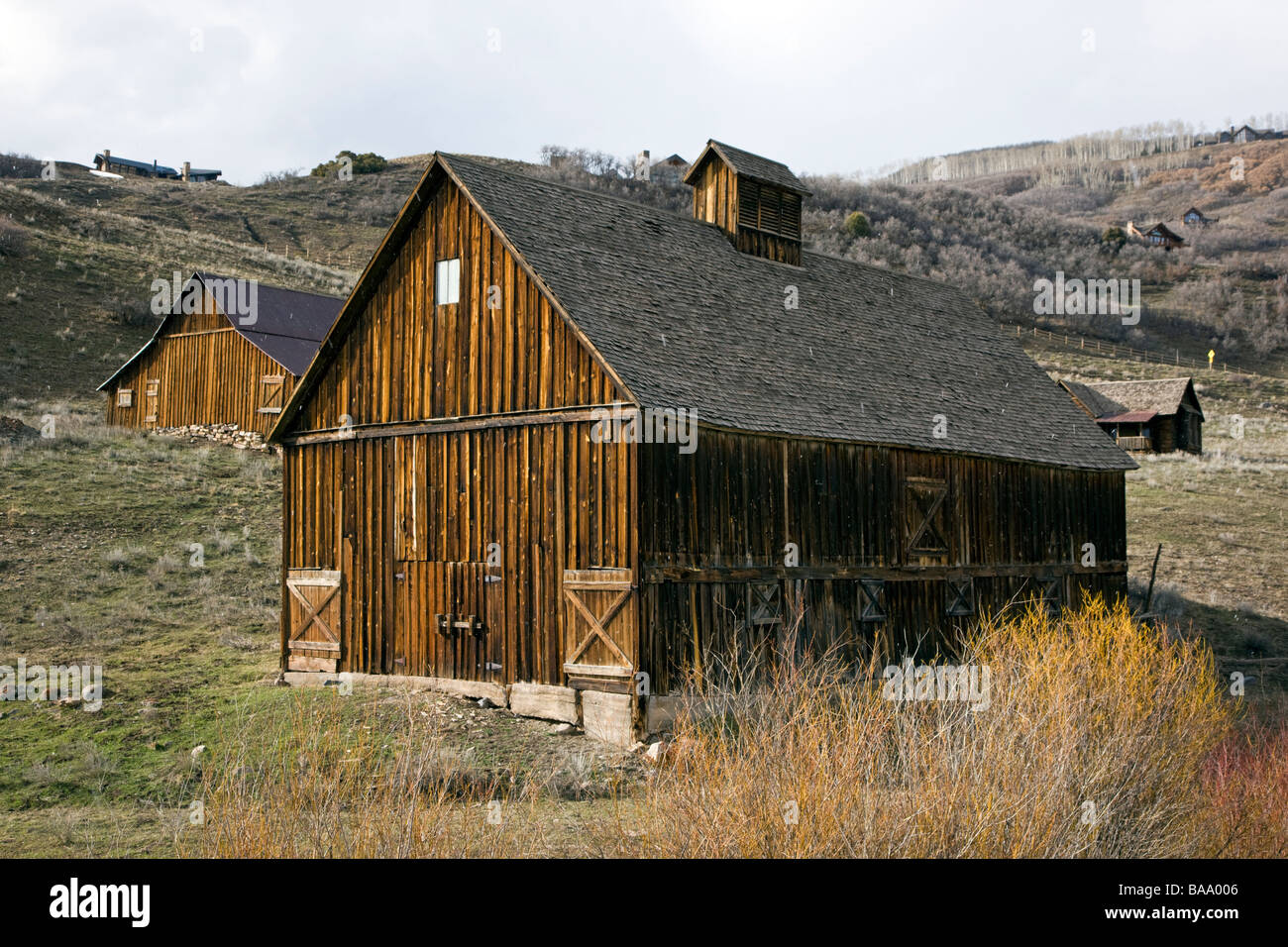Wooden barn with weathered siding near Telluride Colorado USA Stock Photo