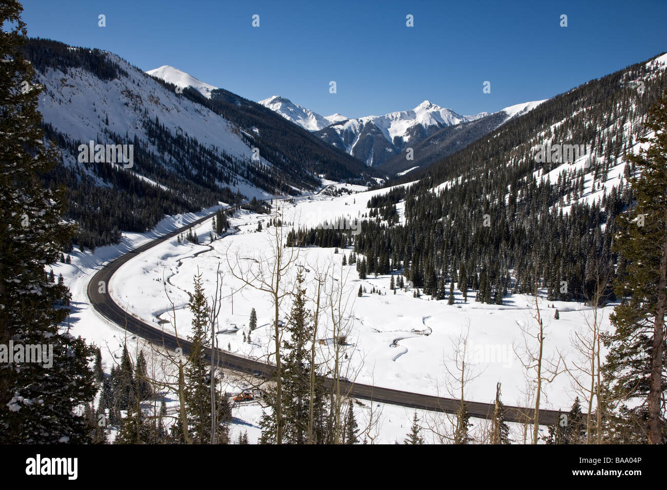 Winter view of The Million Dollar Highway western Colorado between Silverton and Ouray MDH is part of the San Juan Skyway Scenic Byway Stock Photo