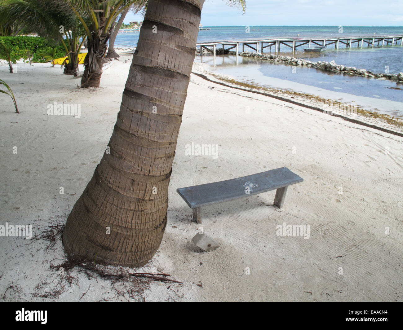 Sunrise and Empty Wooden Bench on Ambergris Caye in Belize Stock Photo