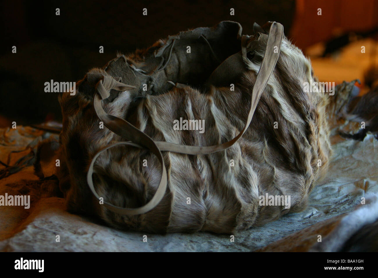 A handmade First Nation caribou skin purse in Old Crow, Yukon Territory, Canada. Stock Photo