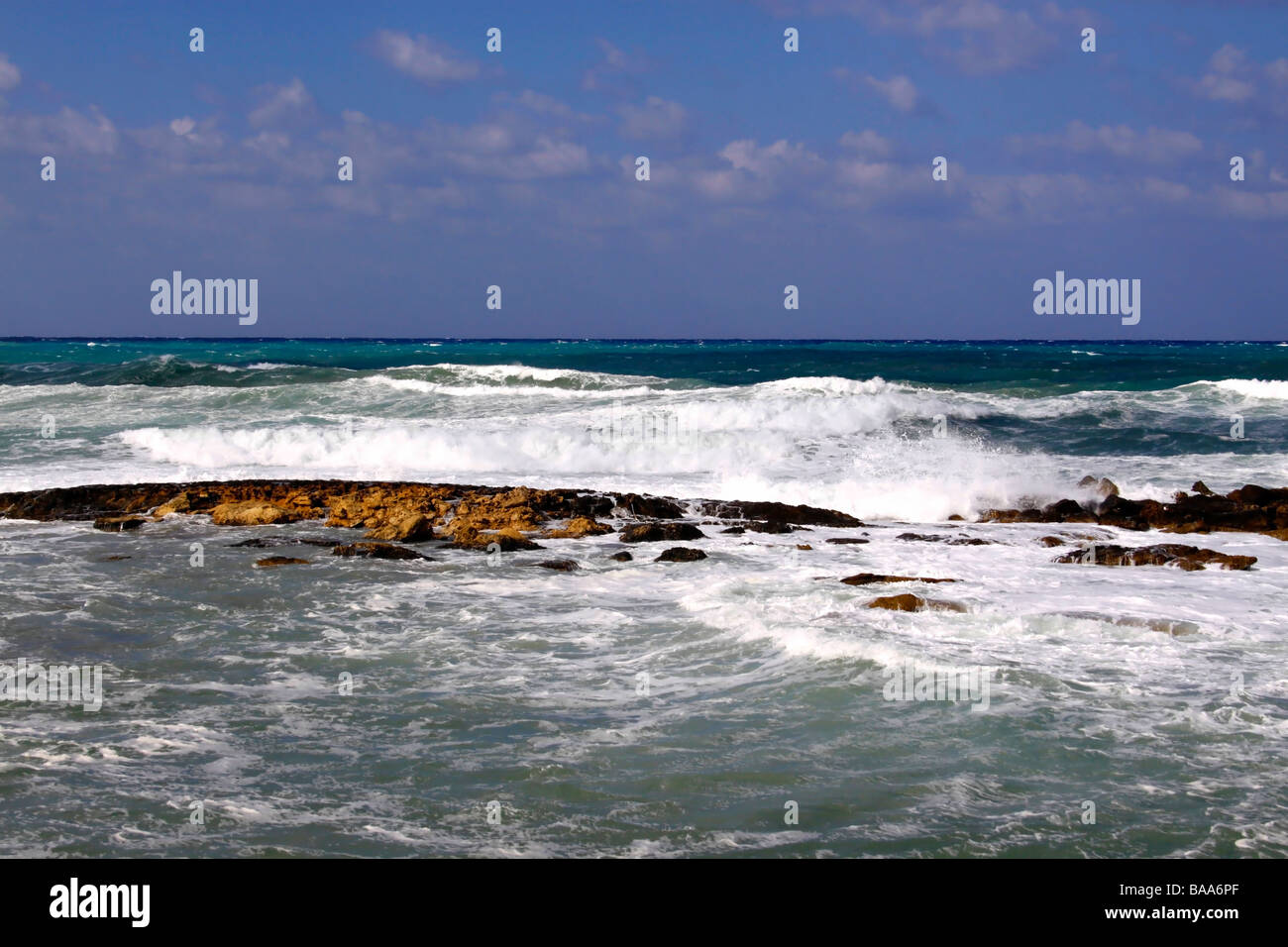 MEDITERRANEAN SEASCAPE AT KISSONERGA ON THE ISLAND OF CYPRUS. Stock Photo