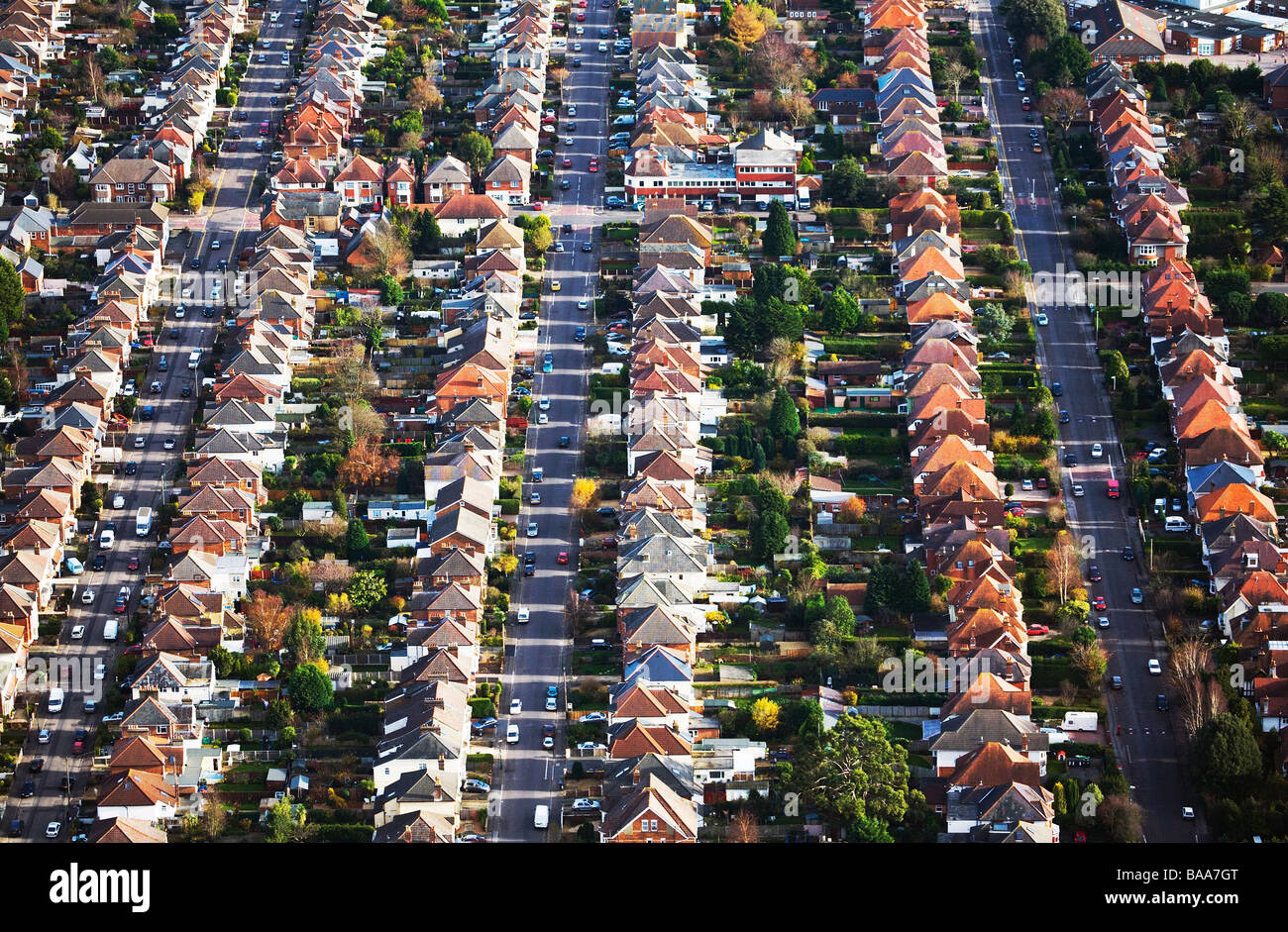 Aerial view of rows of houses, streets, roads. Charminster, Bournemouth, Dorset. UK Stock Photo
