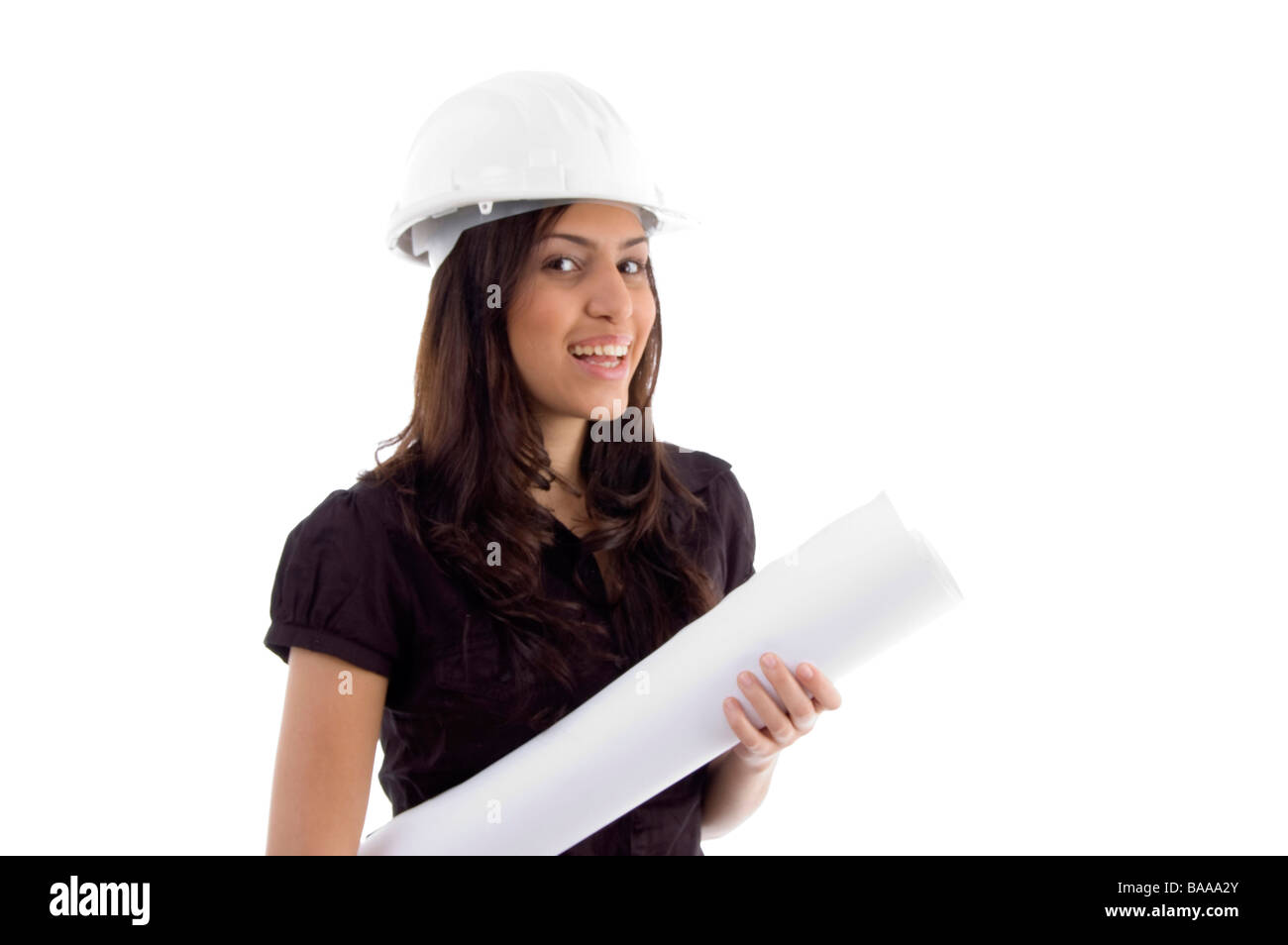 female architect with helmet and blueprint Stock Photo - Alamy