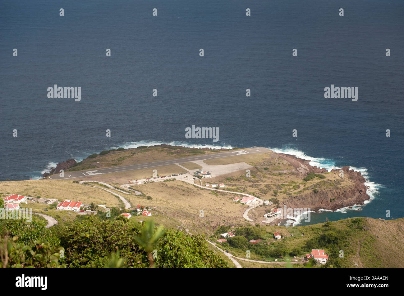 Juancho E. Yrausquin Airport  on Saba seen from the Road above Stock Photo