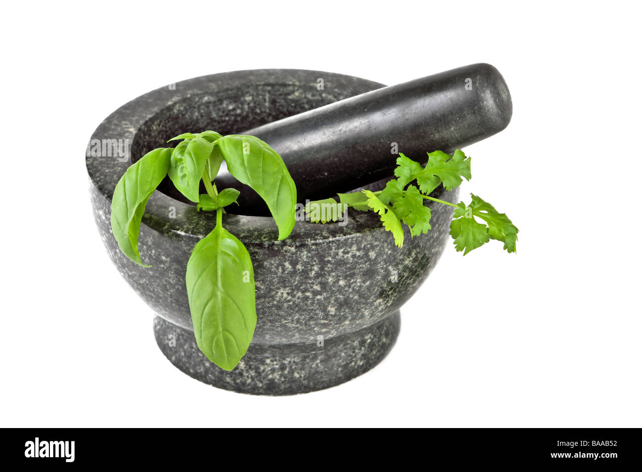 granite Mortar and pestle with herbs in preparation for grinding Stock