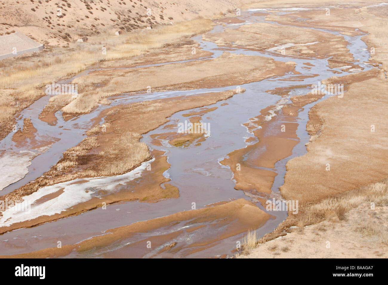 Low river levels in Shanxi province which has suffered desertification and drought brouyght on by climate change. Stock Photo