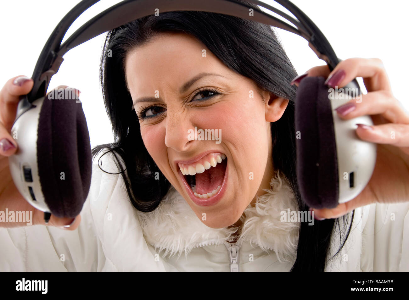front view of pleased woman carrying headphone Stock Photo Alamy