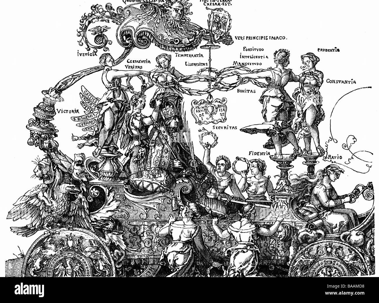 Maximilian I, 22.3.1459 - 12.1.1519, Holy Roman Emperor 4.2.1508 - 12.1.1519, allegory, on the chariot, crowned by the virtues, copper engraving for 'Ehrenpforte Maximilians I.', 1526, detail, Artist's Copyright has not to be cleared Stock Photo