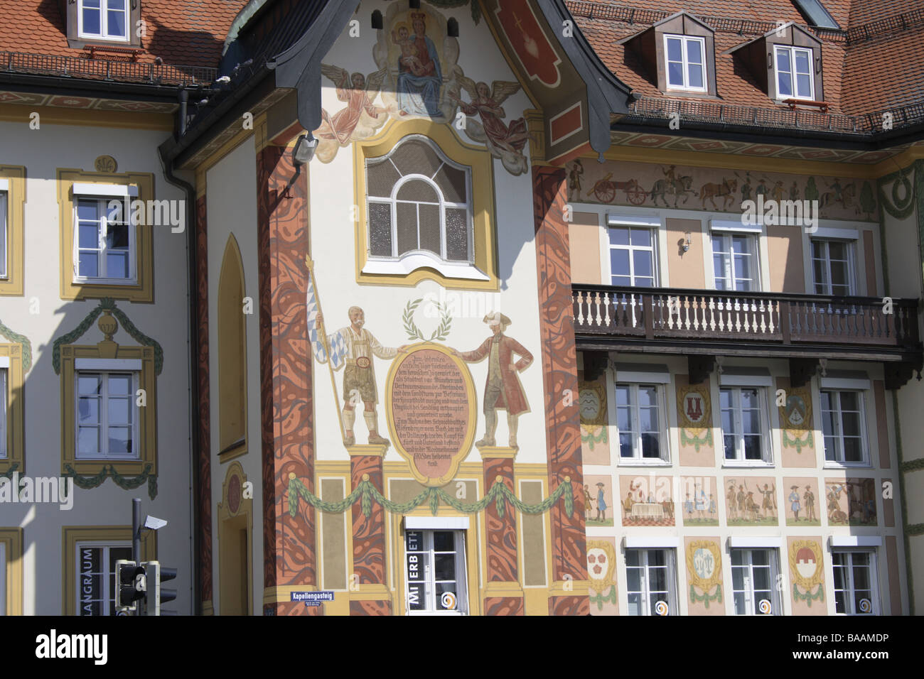facade of traditional house with Bavarian mural painting at Bad Toelz, Upper Bavaria, Germany, Europe. Photo by Willy Matheisl Stock Photo