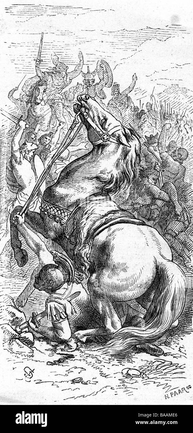 Varus, Publius Quinctilius, circa 46 BC - 9 AD, Roman general and politician, death in the Battle of the Teutoburg Forrest, wood engraving, 19th century, , Stock Photo