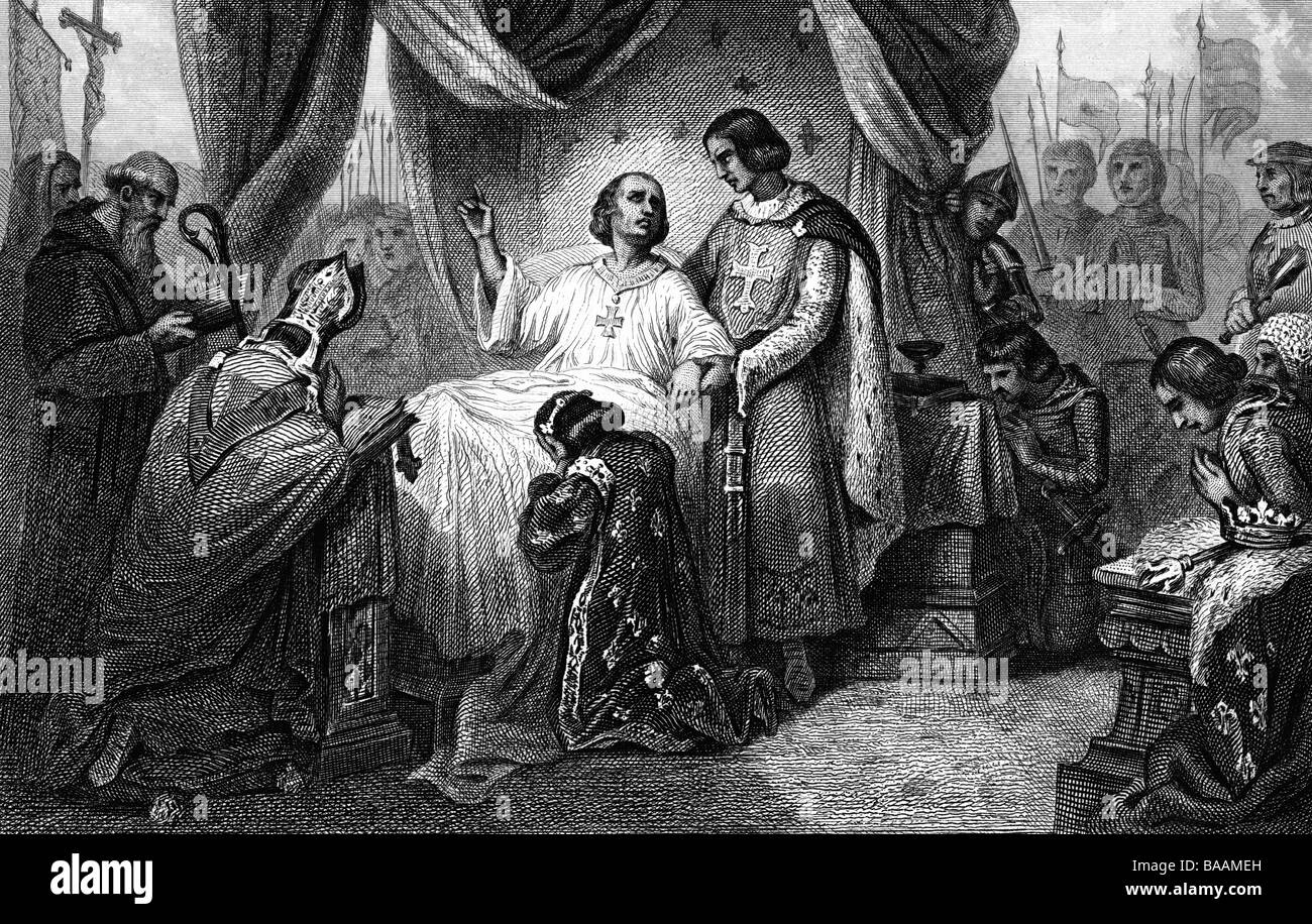 Louis IX 'the Saint', 25.4.1214 - 25.8.1270, King of France 8.11.1226 - 25.8.1270, death in Tunis, steel engraving by Colin after Thomas, 19th century, , Artist's Copyright has not to be cleared Stock Photo