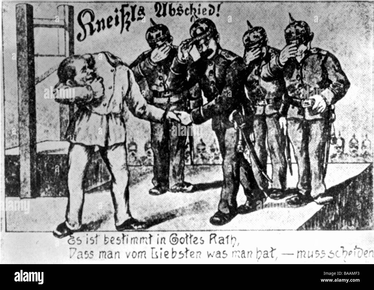 Kneissl, Matthias, 12.5.1875 - 21.2.1902, Bavarian criminal, half length, caricature on his execution, 'Kneissl`s farewell', Stock Photo