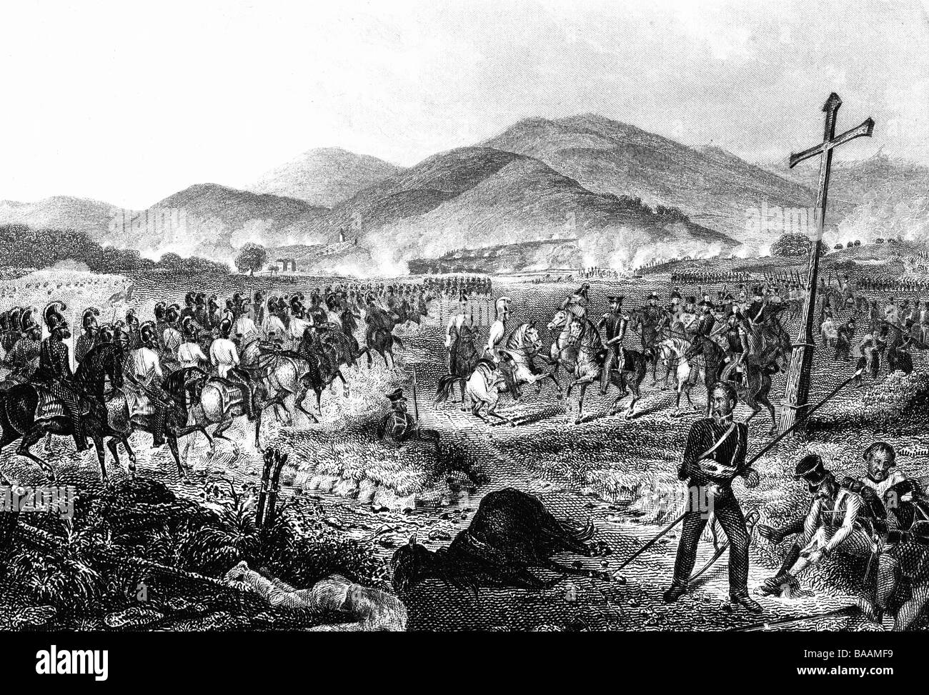 events, War of the Sixth Coalition 1812 - 1814, Battle of Kulm 29.- 30.8.1813, general Friedrich Emil von Kleist and his staff, steel wood engraving, 19th century, Napoleonic Wars, Austria, Czechia, Bohemia, Chlumec, allied, Austrian, Russian, Prussian, cavalry, historic, historical, people, Stock Photo