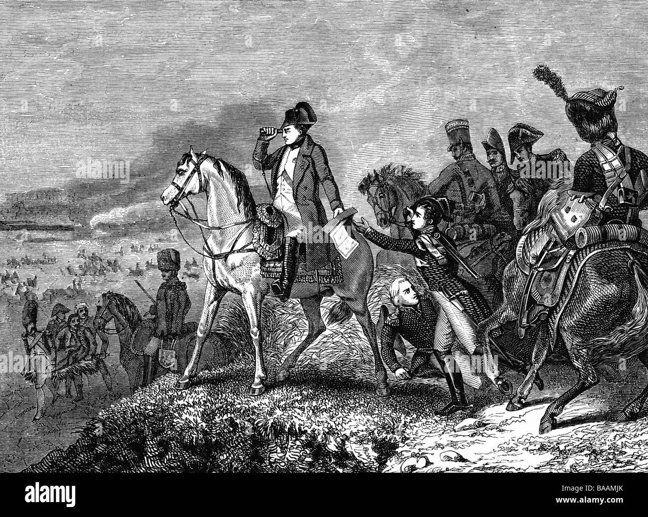 events, War of the Fifth Coalition 1809, Battle of Wagram 5.- 6.7.1809, French Emperor Napoleon I, wood engraving, 19th century, Napoleonic Wars, Austria, general staff, officers, historic, historical, people, Stock Photo