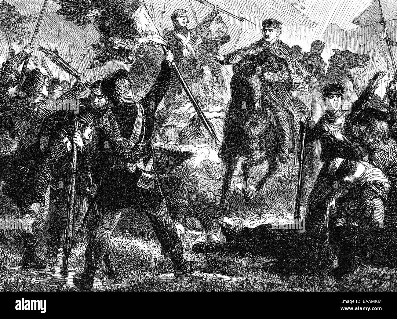 events, War of the Sixth Coalition 1812 - 1814, Battle of Hagelberg, 27.8.1813, Prussian Landwehr after the battle, wood engraving after painting by Emil Huenten (1827 - 1902), Napoleonic Wars, Germany, Saxony, Prussia, infantry, militia, cheering, victory, 19th century, historic, historical, people, Stock Photo