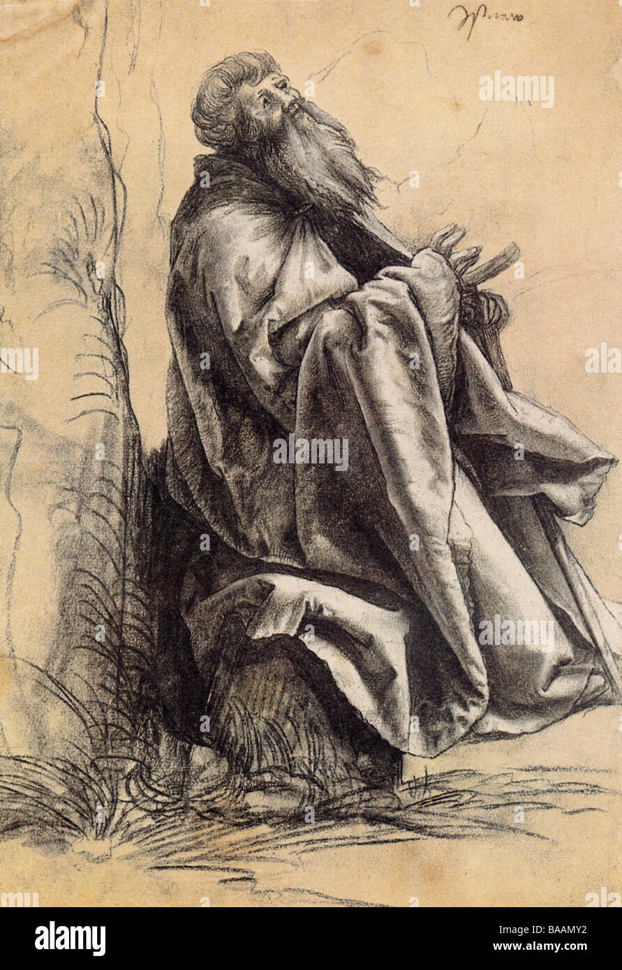 Anthony the Great, circa 251 - circa 356, Egyptian Saint, full length, chalk drawing, by Matthias Grünewald, circa 1500, Stock Photo
