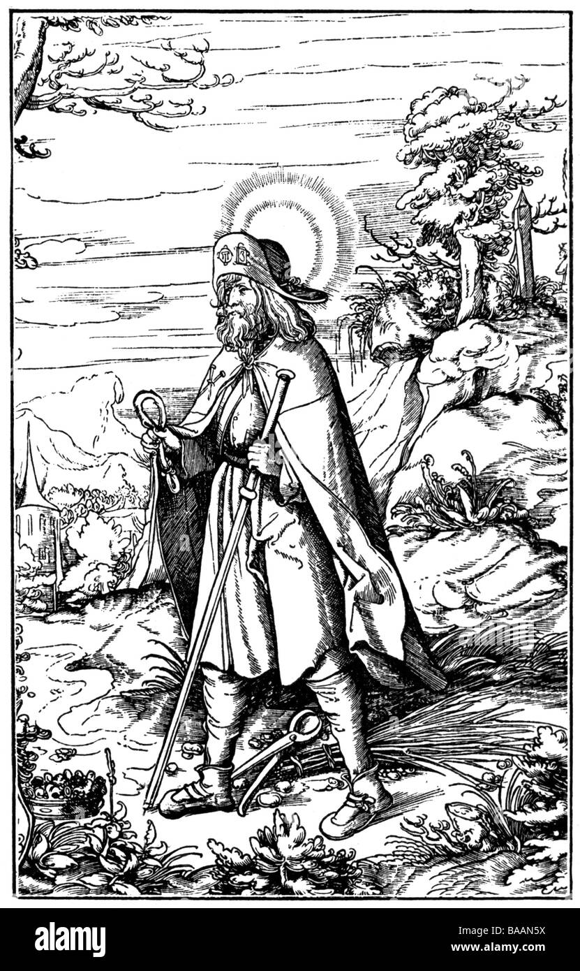 Coloman of Stockerau, + 1012, Irish pilgrim, martyr, saint, full length, woodcut by Lienhart Beck, early 16th century, Stock Photo