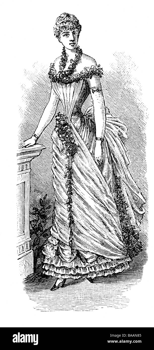 fashion, 19th century, ladies fashion, Germany, evening dress, wood engraving, 1884, Stock Photo