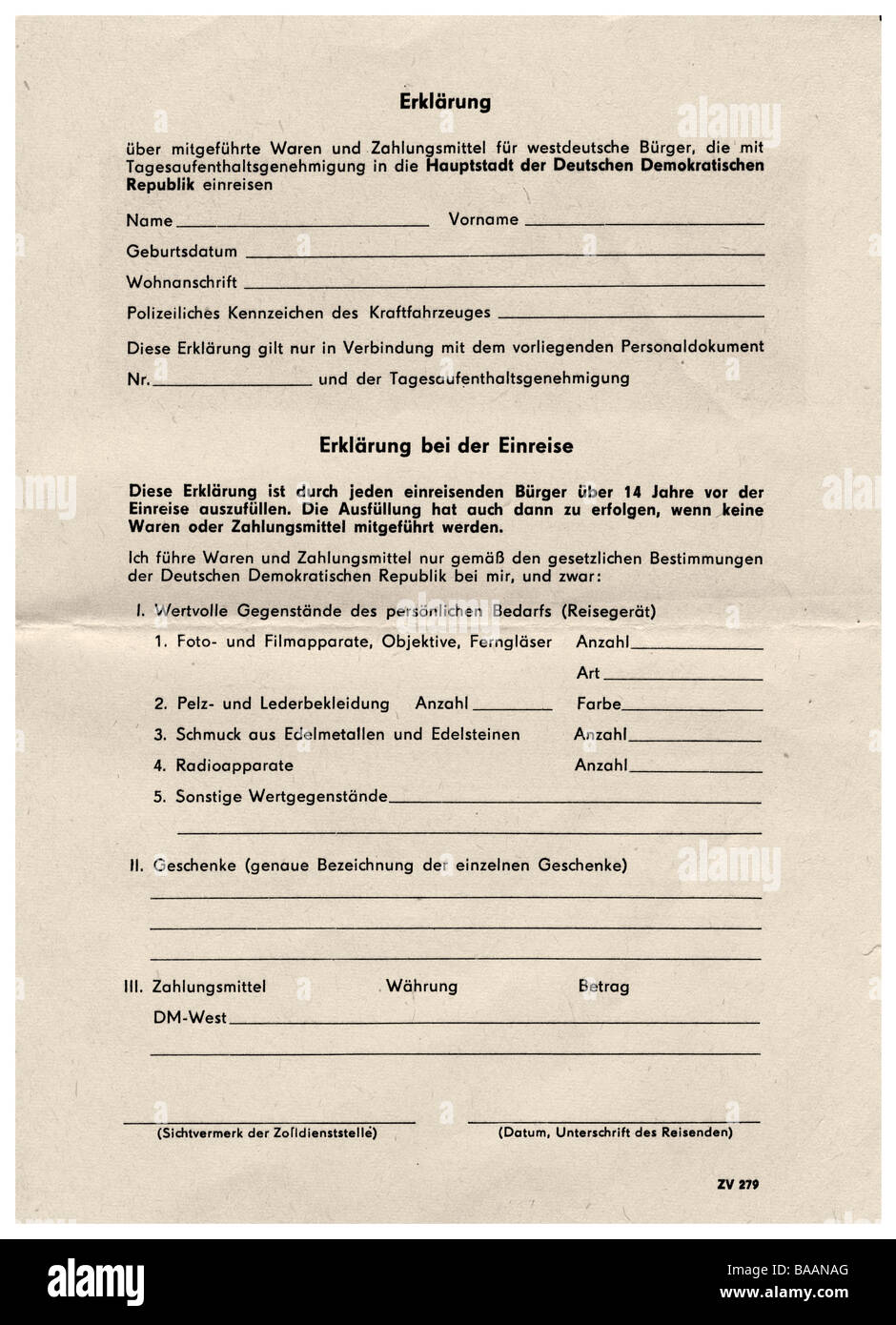 geography / travel, Germany, East Germany, dokuments, declaration for the entry into the German Democratic Republic from 1.7.1967, Stock Photo