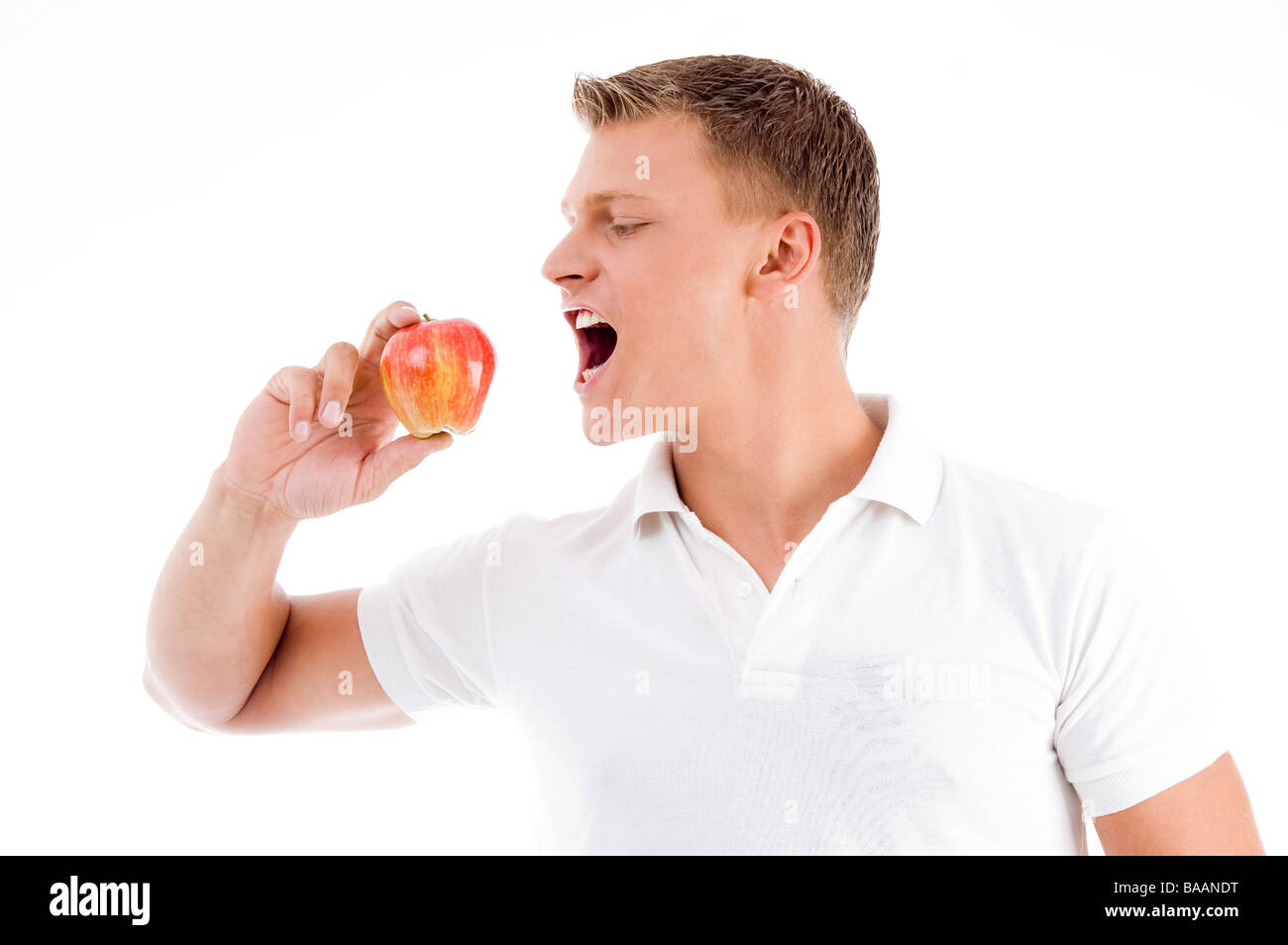 Handsome Man Going To Eat Apple Stock Photo Alamy
