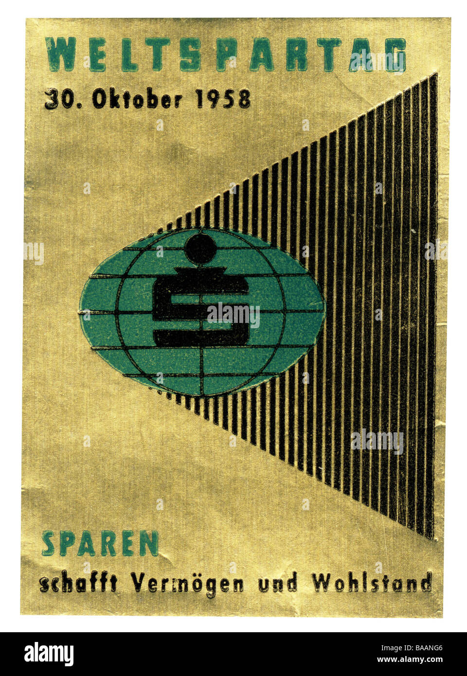 advertising, stamp 'Sparen schafft Vermögen und Wohlstand', World Savings Day, Germany, 30.10.1958, Stock Photo