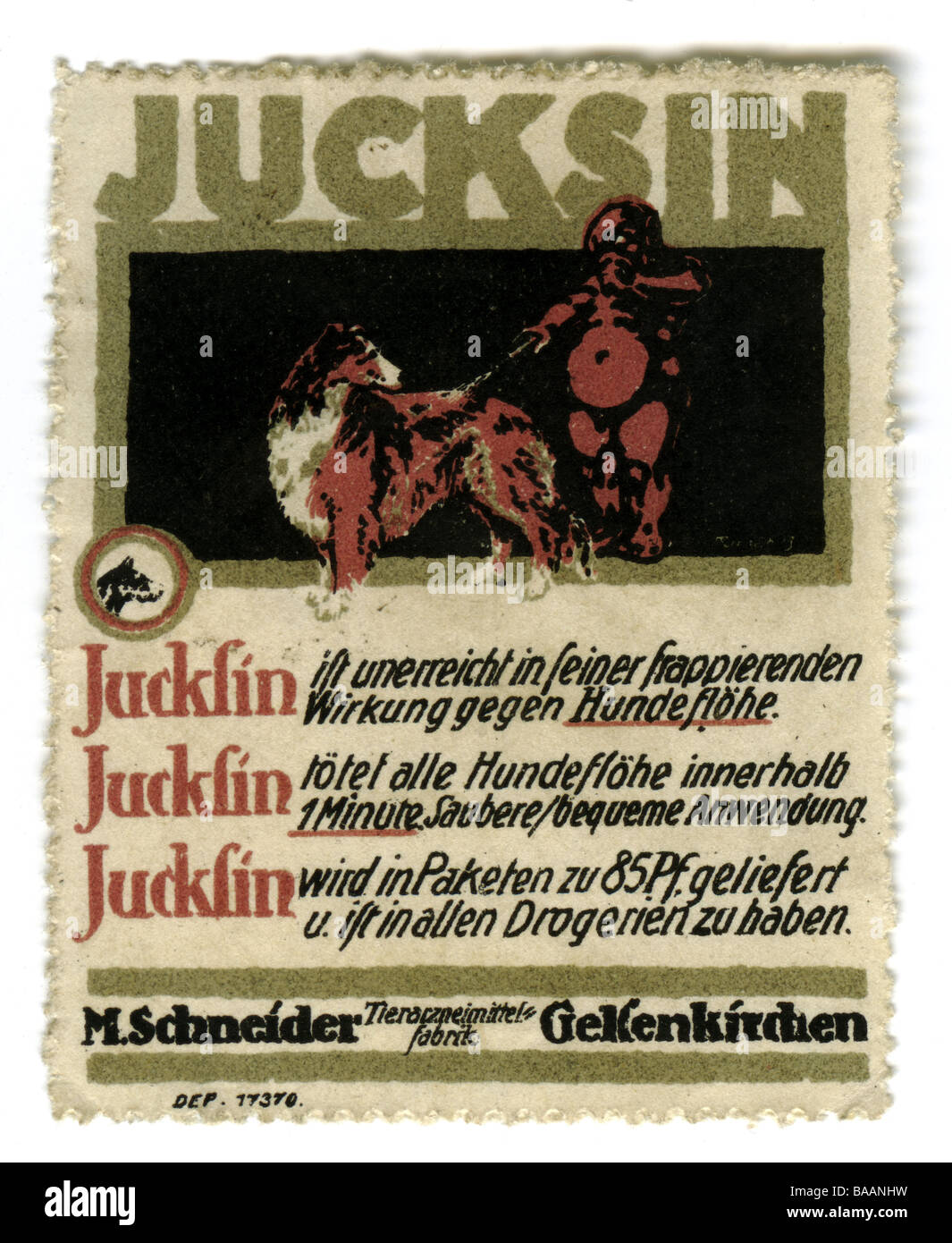advertising, stamps, Jucksin, against dog flea, Germany, circa 1910,historic, historical, stamp, clipping, Schneider, Gelsenkirchen, 20th century, people, 1910s, Stock Photo