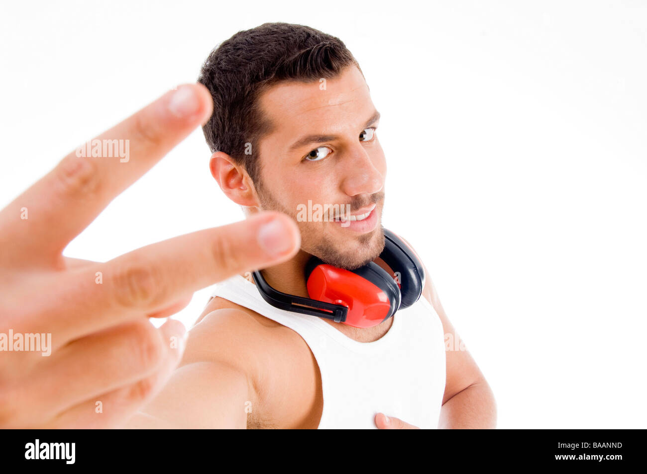 male showing victory sign Stock Photo