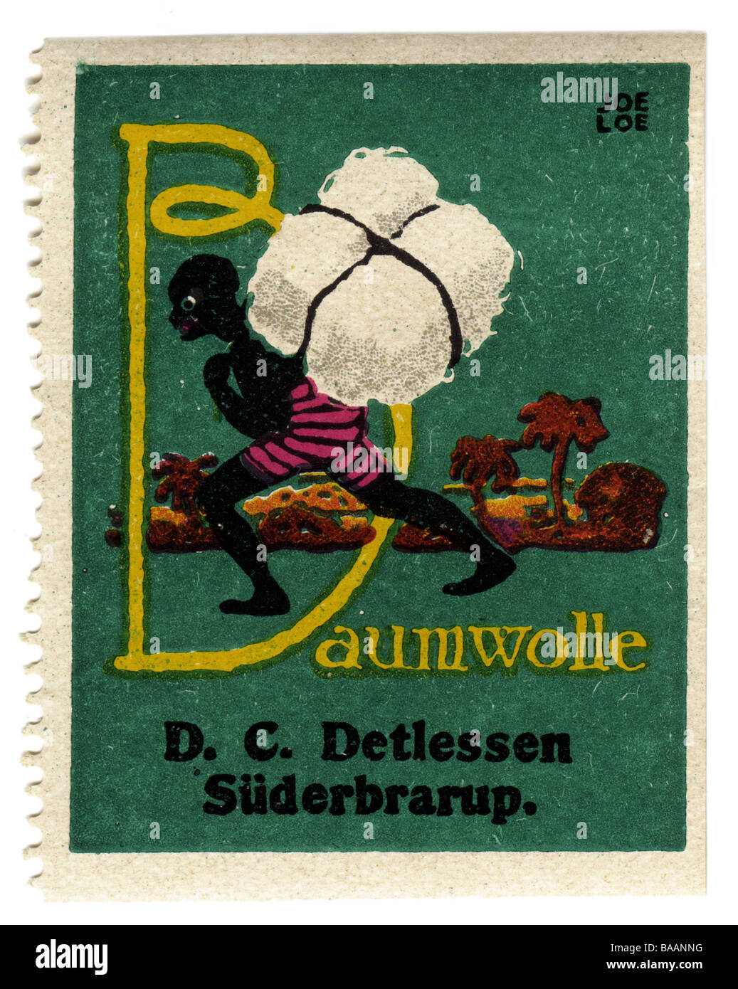 advertising, stamps, cotton, D. C. Detlessen Süderbrarup, Germany, circa 1910,historic, historical, trade, collecting stamp, clipping, advertisement, ressources, African, bearer, 20th century, people, 1910s, Stock Photo