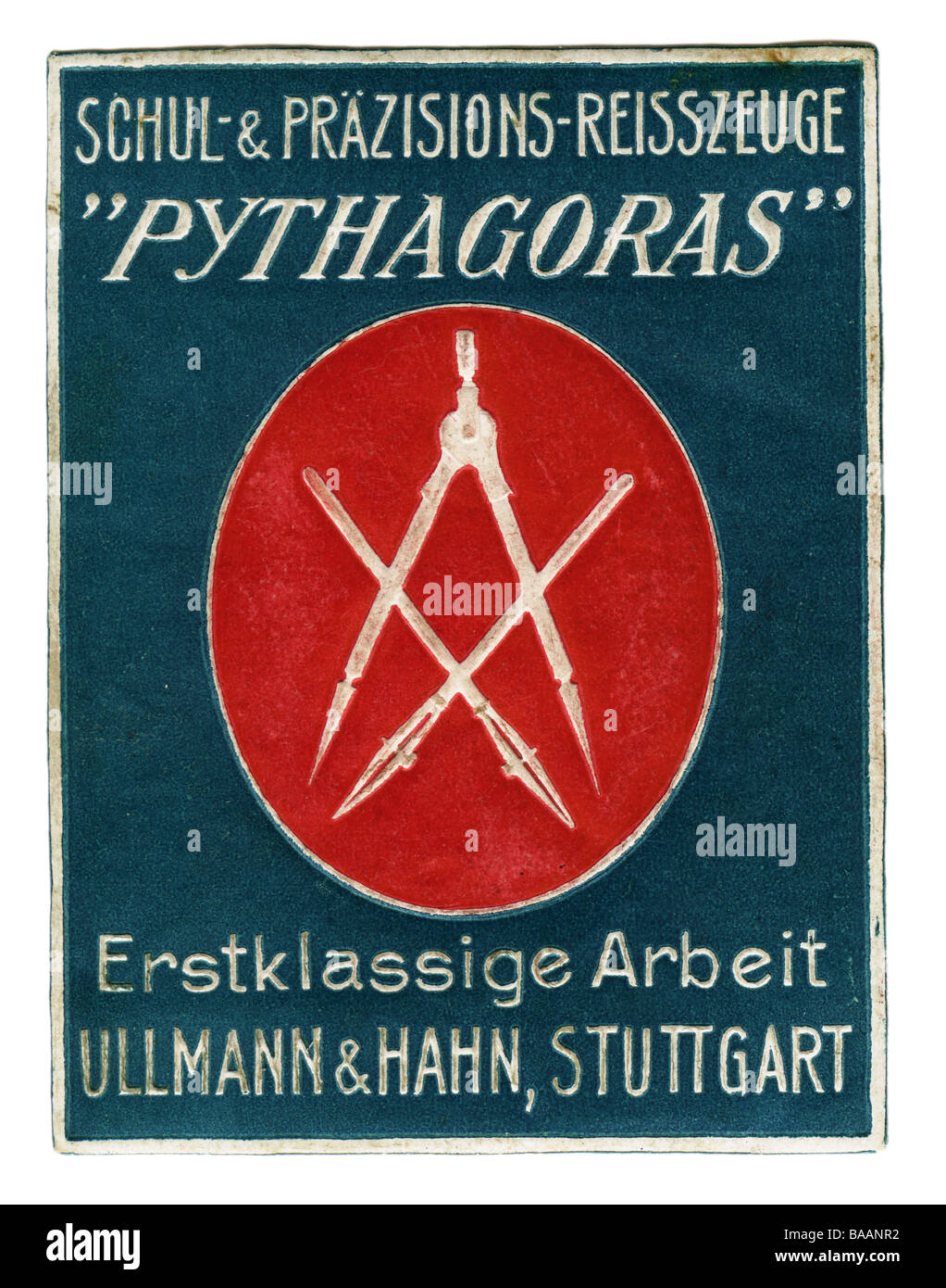 advertising, stamps, Pythagoras, school and precision drawing instruments, Ullmann & Hahn, Stuttgart, Germany, circa 1910, Stock Photo