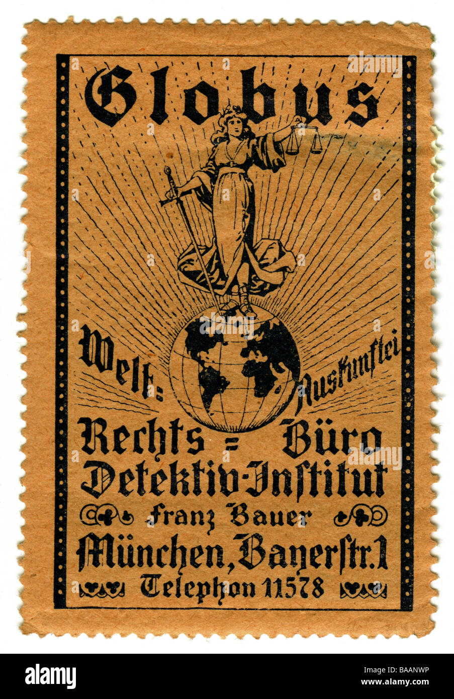 advertising, stamps, Globus detective agency, Munich, Germany, circa 1910, historic, historical, trade, collecting stamp, clipping, advertisment, 20th century, 1910s, lawyer, advocate, institute, Bayerstrasse 1, Lady Justice, people, Stock Photo
